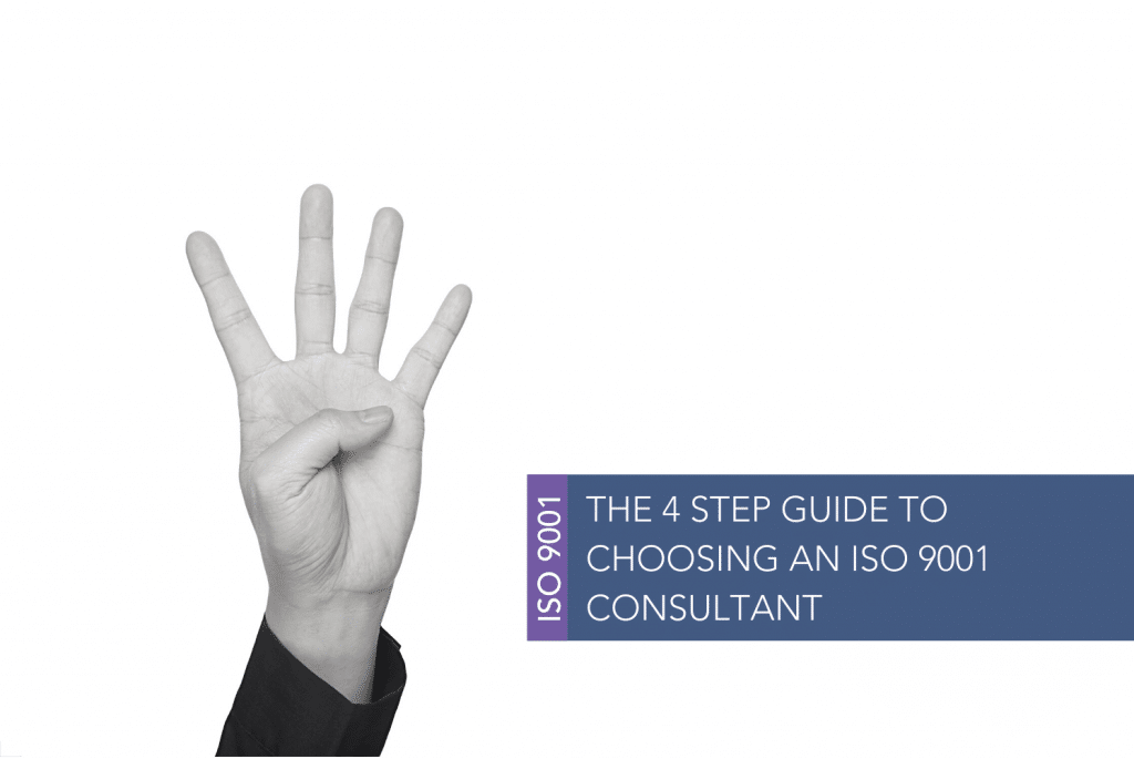 4 steps to selecting consultant A black and white image of a white hand holding up four fingers