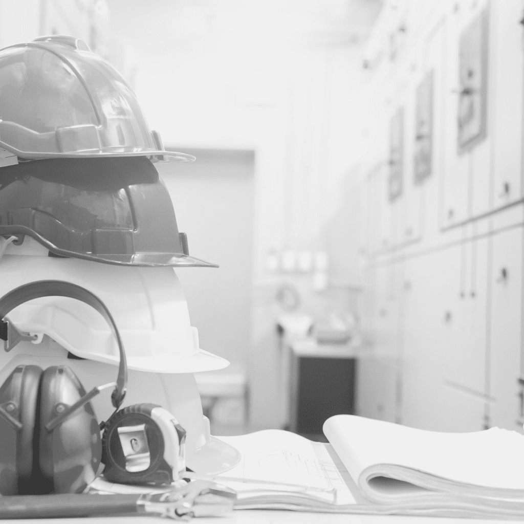 A stack of hard hats and earphones