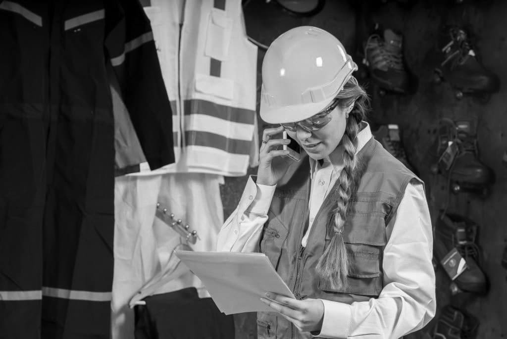 Black and white image of a woman with a long braid in her hair wearing construction clothes and helmet