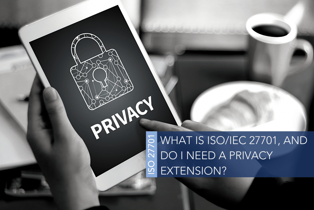 A black and white image of white hand holding an iPad with a padlock icon on the screen and the word privacy below it